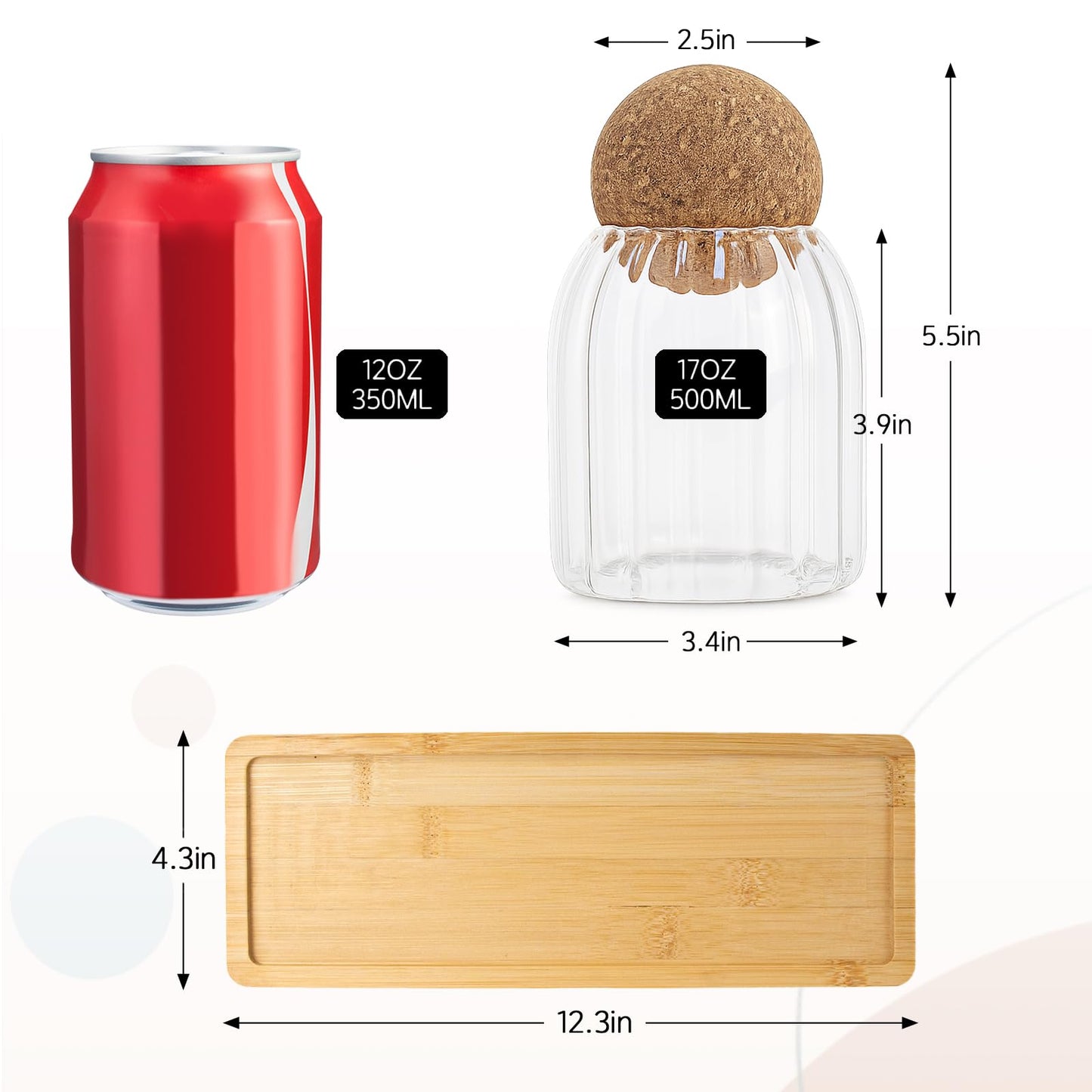 GYOSUGANG Glass Jar Storage Container with Ball Cork, 3PCS Round Glass Canisters with Tray & Labels, Small Glass Jars for Food Sugar Candy Coffee Tea Nuts - Style 2(500ml/17oz)