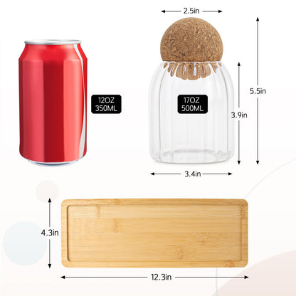 GYOSUGANG Glass Jar Storage Container with Ball Cork, 3PCS Round Glass Canisters with Tray & Labels, Small Glass Jars for Food Sugar Candy Coffee Tea Nuts - Style 2(500ml/17oz)