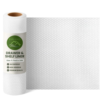 EVALAND Shelf Liners for Kitchen Cabinets Non-Adhesive 17.7" x 33 FT Clear Drawer Liner Non Slip, Washable Cabinet Liner, Waterproof Shelf Liners for Cabinets, Refrigerator Bathroom Pantry - Thickened