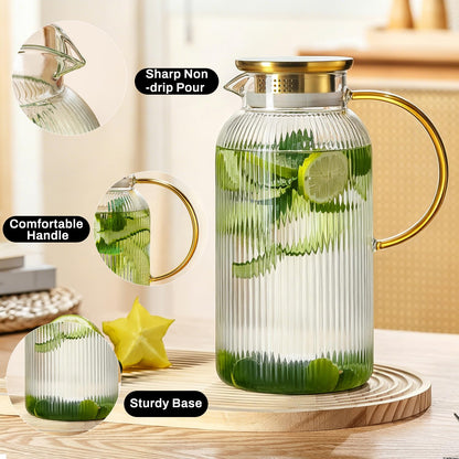 Buaic 2 PACK Glass Pitcher with Lid, 68oz/ 2 Liter Classic Vertical Stripes Water Pitcher with Handle,Glass Water Carafe for Cold Brew, Coffee, Lemonade, Iced Sun Tea,Beverage,Heat Resistant