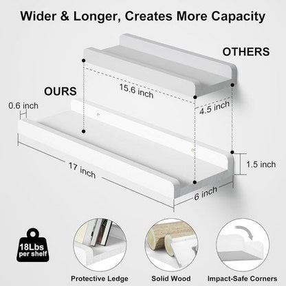 Love-KANKEI Floating Shelves - Set of 2 Rustic Wood Wall Mounted 17 Inch Storage Shelves | White Finish for Home & Office