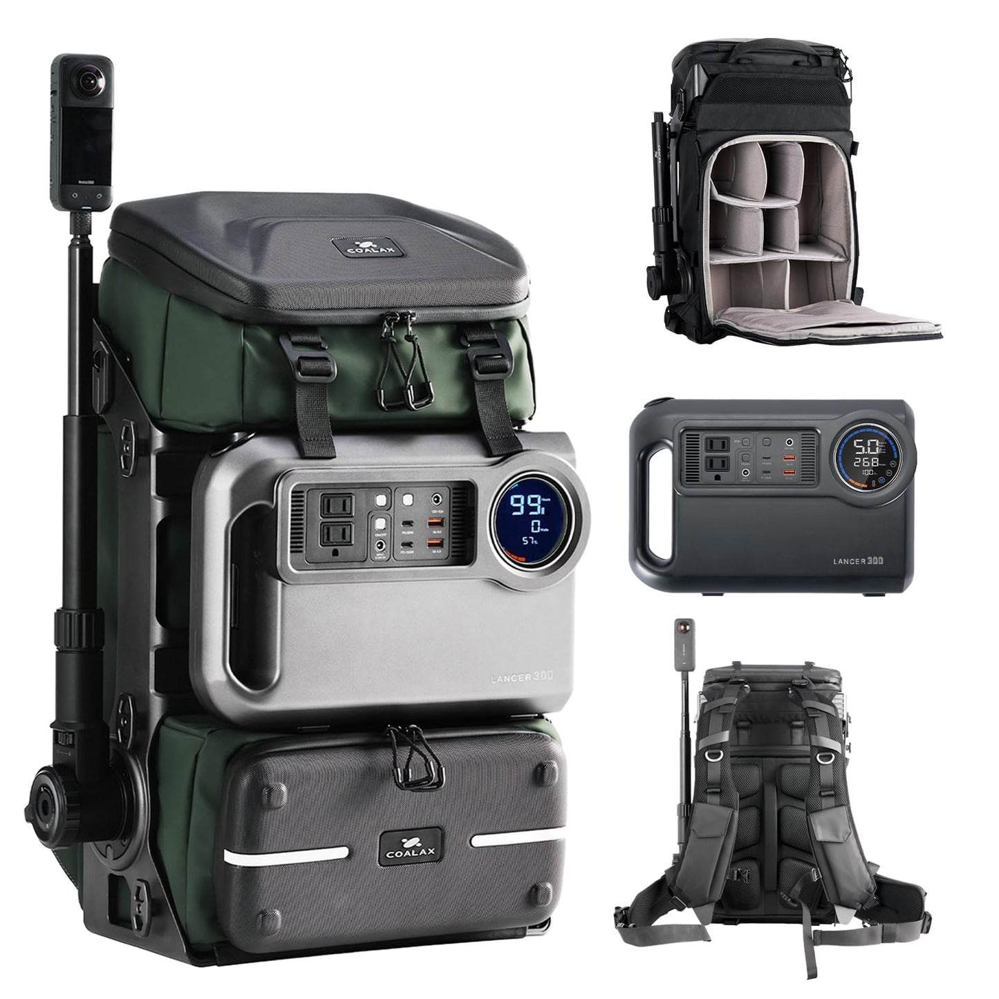 COALAX Lancer300 Pro Camera Backpack with 300W Power Station, Modular Creator Backpack with Magic Arm for Hands-Free POV Filming, Exoskeleton Camera Bag for Photography & Outdoor Production (Green)