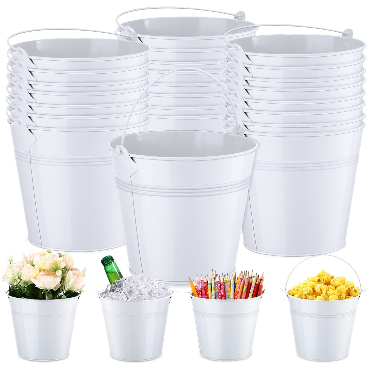 Rtteri 24 Pcs Small Metal Buckets with Handle Mini Buckets Bulk Classroom Pencil Holder Iron Pails Back to School Supplies for Pencil Crayon Crafts Party Favors, 6 x 5 Inch(White)