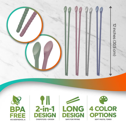 RECOHOME Reusable Long Silicone Cooking Chopsticks with Spoon 12 Inches 1 Pair, Dishwasher Safe, BPA-free Non-Slip,Korea Kitchen Utensils (Pastel Blue, 1 Pair )