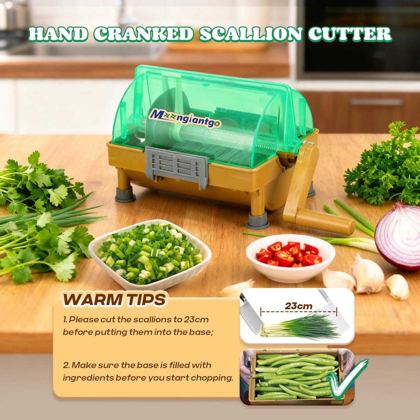 Moongiantgo Commercial Manual Scallion Cutter Slicer, Spring Onion Shredder with Stainless Steel Blade, for Kitchen 3MM Chopped Scallions, Spring Onions, Green Onions, Cilantro, Leeks, Chili Pepper