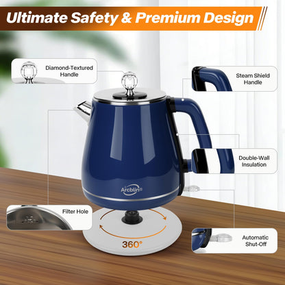 Retro Electric Kettle 1.8L, All Stainless Steel Hot Water Electric Kettle for Boiling Water, BPA Free Tea Kettle, 1350W Fast Boil, Auto Shut Off & Boil-Dry Protection