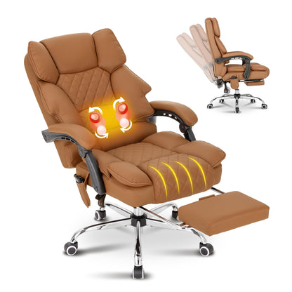 BOWTHY Kneading Massage Executive Office Chair with Heated,90-135° Reclining Office Chair with Footrest,Computer Desk Chair with Wheels,Diamond-Stitched Cushion Leather Office Chair (Brown)