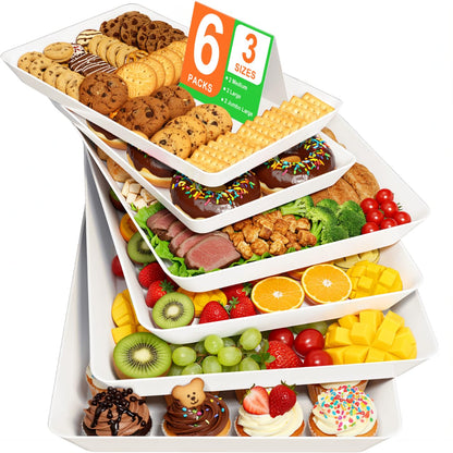SmartTrends 6-Pack Serving Tray for Parties, Serving Platter in 3 Sizes for Entertaining, Food Display, Plastic Trays for Cookies, Stackable Rectangular Platters for Family(White)