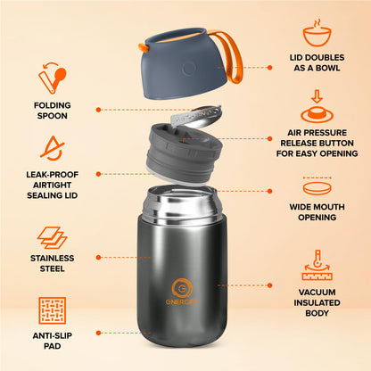 ENERGIFY Vacuum Insulated Food Jar. Large 24oz Bowl incl. Folding Spoon, Cup. Wide Mouth Keep Hot & Cold Drinks Soup Lunch Container for Adults. BPA-Free Stainless Steel, Leak Proof Grey