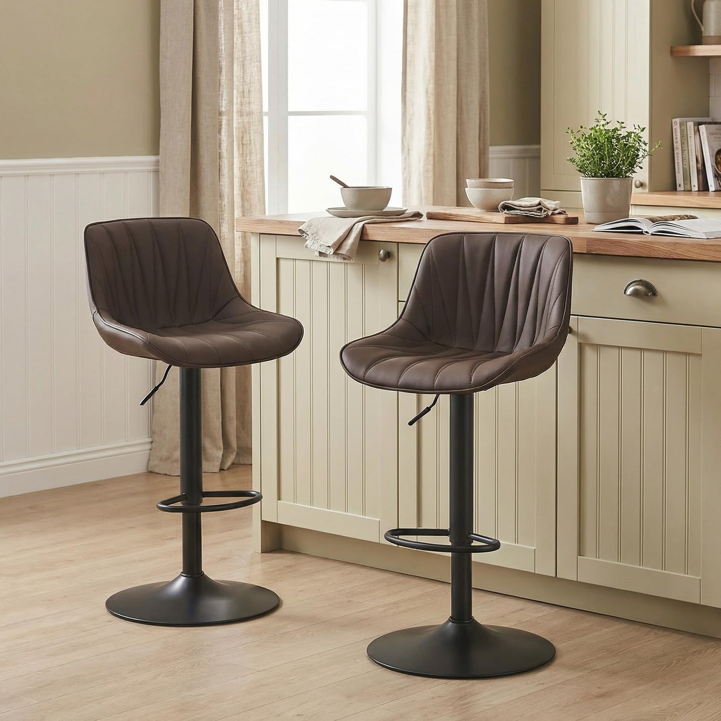 YOUNIKE Bar Stools Set of 2 Dark Brown, Faux Leather Padded Bar Stool Counter Height Swivel Bar Chairs, Adjustable Barstools with Back for Kitchen Island, Modern Tall Bar Stools