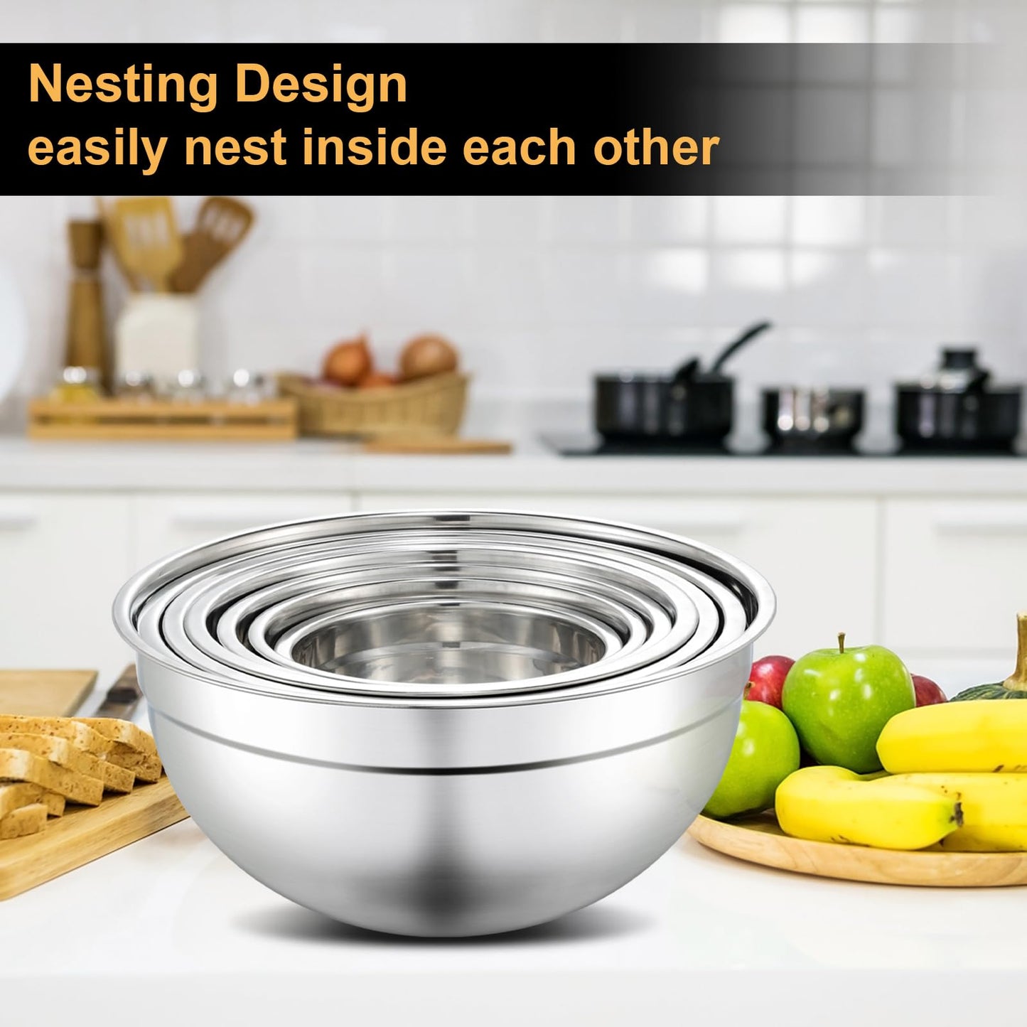 Hunnycook 7 Piece Mixing Bowls with Lids Set - Mixing Bowls Stainless Steel Bowls for Kitchen Baking, Size 0.7, 1.1, 1.5, 2.1, 3.5, 4, 4.5QT, Baking Bowl for Food Preparation, Mixing and Serving Foods