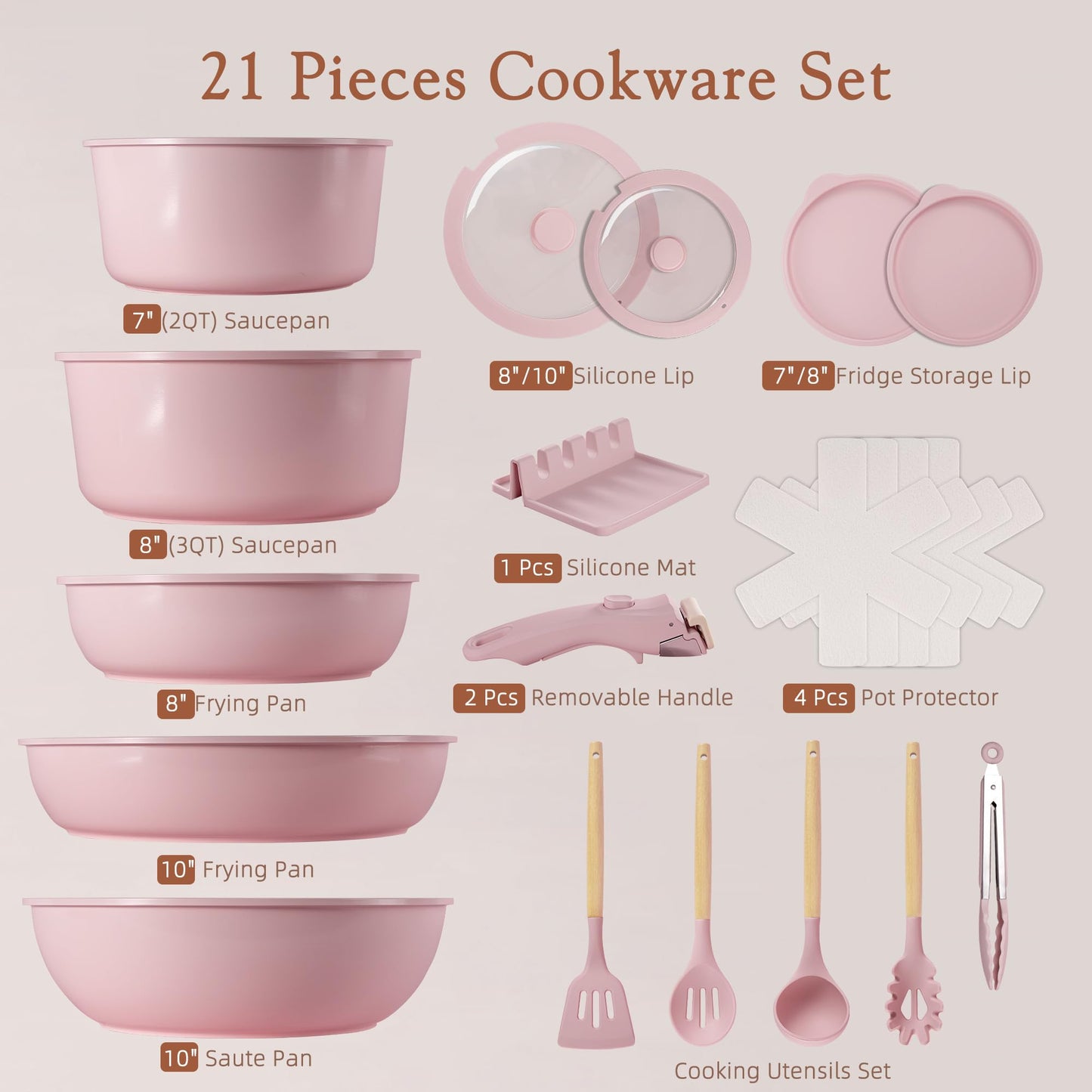 Astercook 21 Pcs Pots and Pans Set Non Stick, Ceramic Cookware Set Detachable Handle, RV Kitchen Cooking Set Removable Handles, Oven Safe, Induction Ready, Stackable, Pink, Mothers Day Gifts