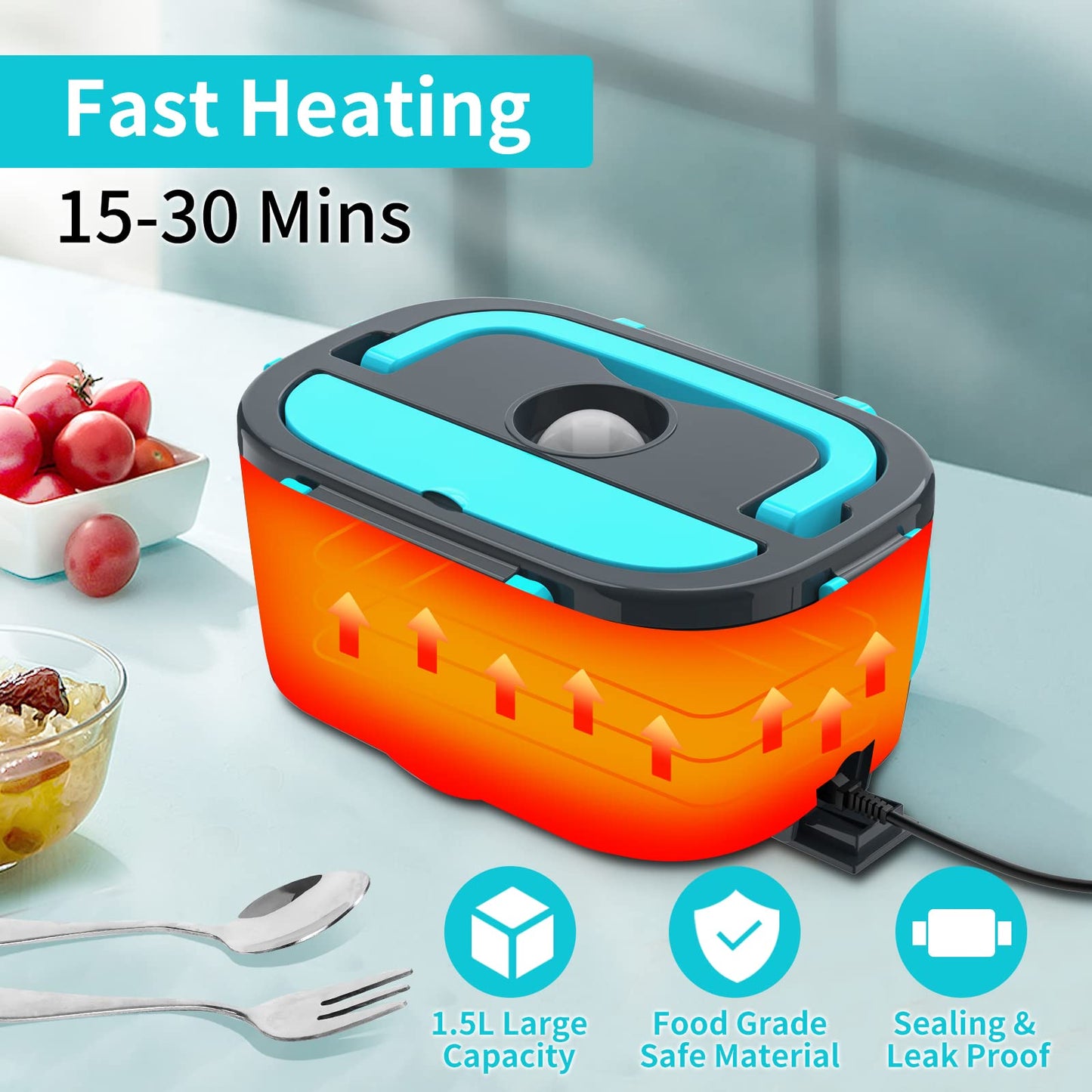 CHARMDOO Electric Lunch Box, Food Warmer Heater 12V 24V 110V, 80W Faster Heated Lunch Box for Car/Truck/Home Portable Heating Boxes with 1.5L 304 SS Container Fork & Spoon