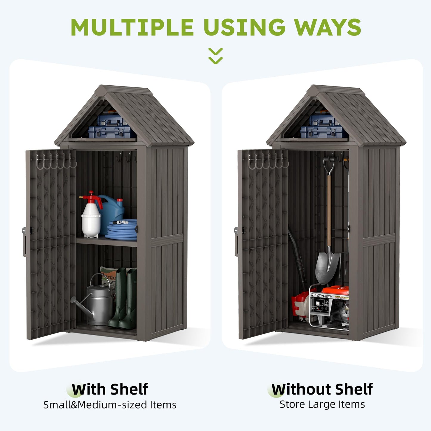 WTFGO Vertical Outdoor Storage Shed, Waterproof Resin Outdoor Storage Cabinet with Removable Shelves & 12 Hooks, Lockable Small Tool Shed for Garden, Backyard, Patio, Pool, Classic Gray