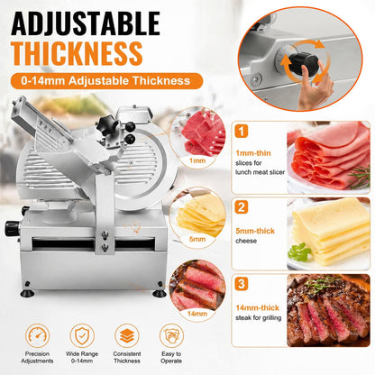 550W Commercial Meat Slicer with 12" Carbon Steel Blade, Auto Dual-Motor, Adjustable Thickness 0-0.5 inch, 633 RPM Fast Slicing, Automatic Meat Slicer for Home, Restaurant, Butcher Shop, Kitchen