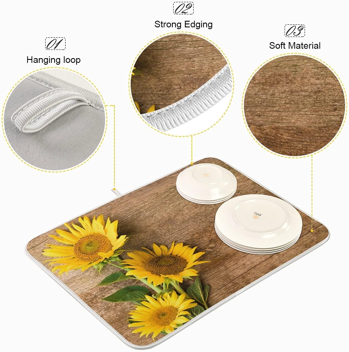 Absorbent Dish Drying Mat for Kitchen Counter, Yellow Sunflower Microfiber Reversible Drainer Mat (Medium 16 x 18 inch)