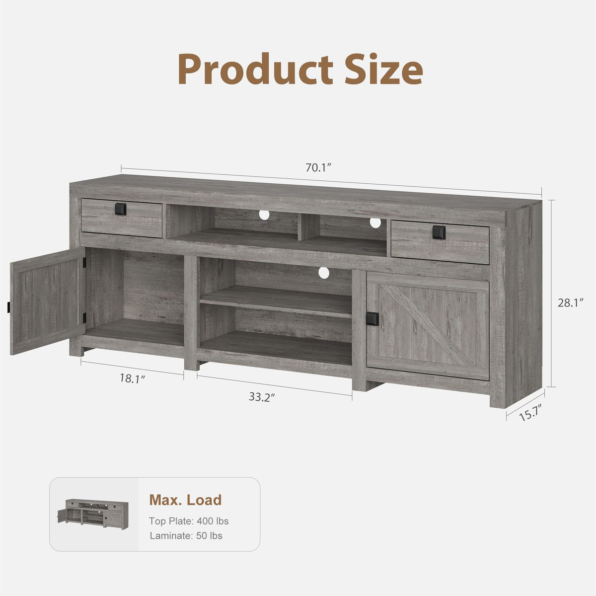 GarveeHome Farmhouse TV Stand for 80 in TVs, Long Entertainment Center with 4 Storage Drawers & 3 Open Shelf, Grey Television Consoles Stands for Living Room, Bedroom