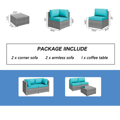 Shintenchi 5 Pieces Outdoor Patio Furniture Sets, Patio Sectional Sofa Couch, Gray PE Wicker Furniture Modular Patio Conversation Sets Patio Sofa with Washable Cushions & Table（Blue）