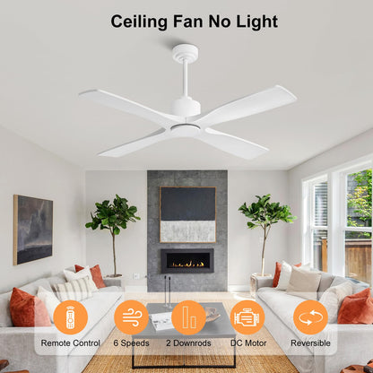 LEDLUX 54" Ceiling Fan without Lights -Modern Ceiling Fan no Light, 6-Speed Remote, 4 Solid Wood Blades, Quiet DC Motor, for Bedroom, Living Room, Outdoor, White