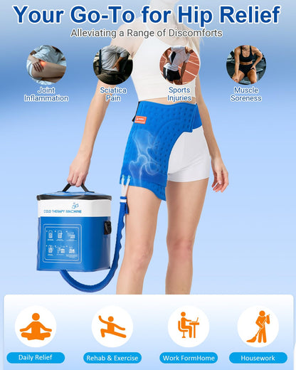 Cold Therapy Machine for Hip, 15.8Qt Large Ice Machine with Temp Display & Pressure Regulator, Cryotherapy Leak-Proof Hip-Specific Wrap, Whisper-Quiet Pump & 4 Timer Settings