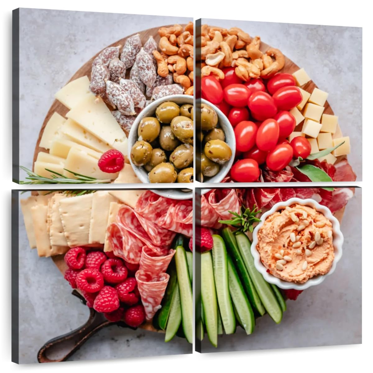 ElephantStock - Charcuterie Board Wall Art - Square Multi Panel Canvas - 4 Piece Dining Room Wall Decor - Photography Food And Drink Multi Piece Wall Art - Brown And Gray Decor - 50" x 50"