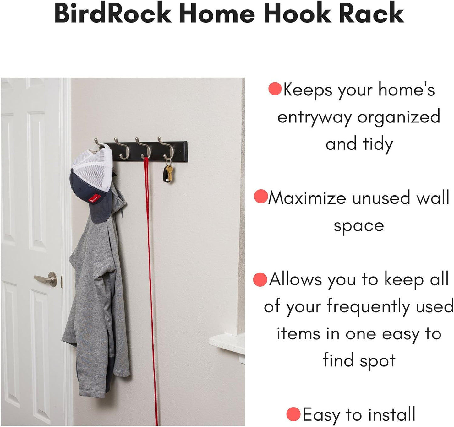 BIRDROCK HOME Oval Hook Coat and Hat Rack, 4 Hooks, Wall Mount, Black Finish