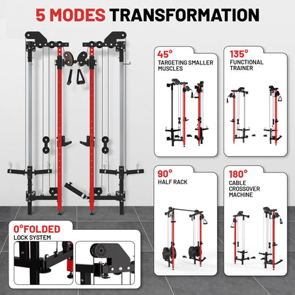 GarveeHome Folding Squat Rack, Wall Mounted Power Rack with Dual Pulley System & Pull Up Bar, Fitness Equipment for Home Gym, Garage, Apartment