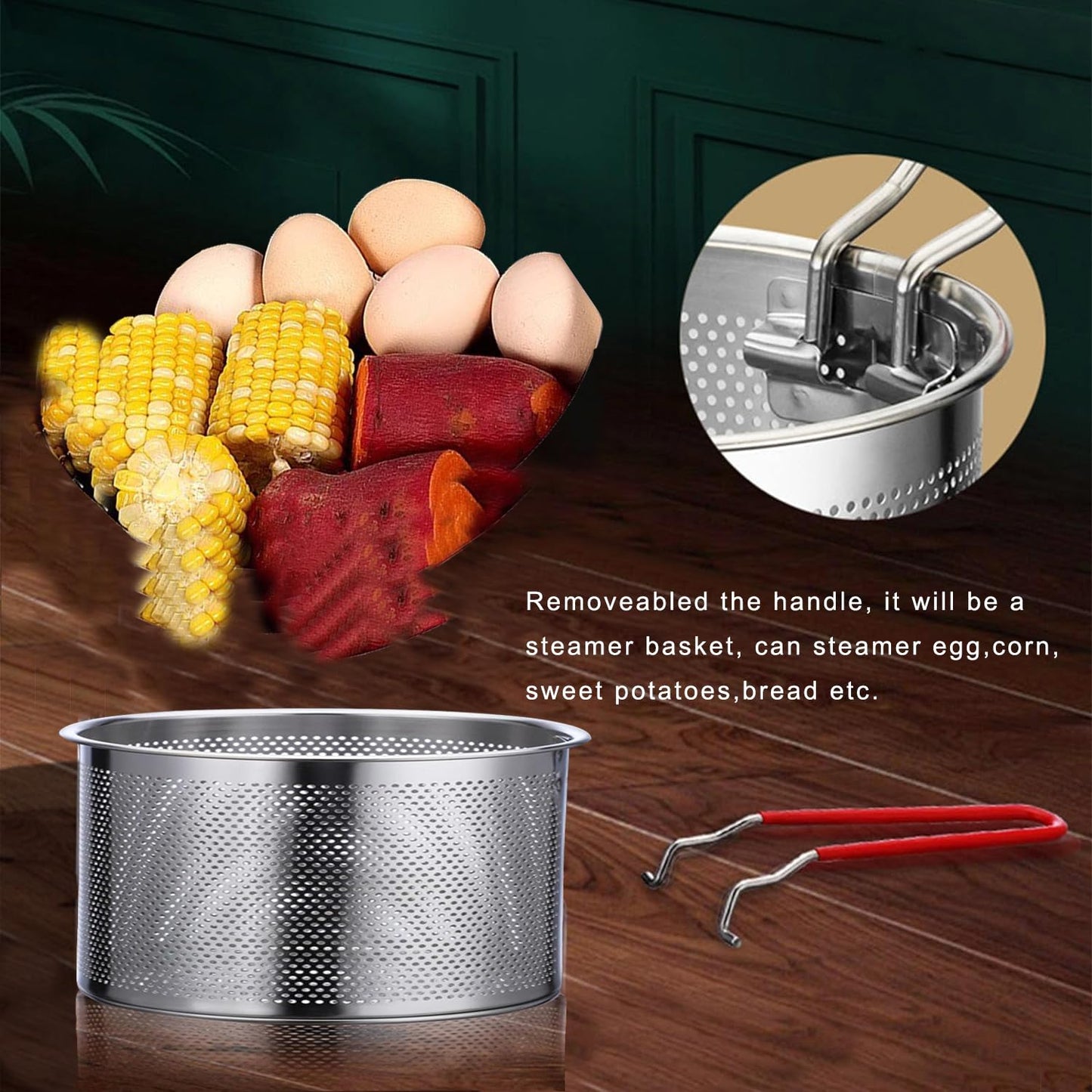 Tenta Kitchen Pasta Strainer Boiling Blanching Colander Vegetable Steamer Basket Stainless Steel Fryer Basket with Removable handle Insert for Veggie Fish Seafood Cooking and heat food 8 inch
