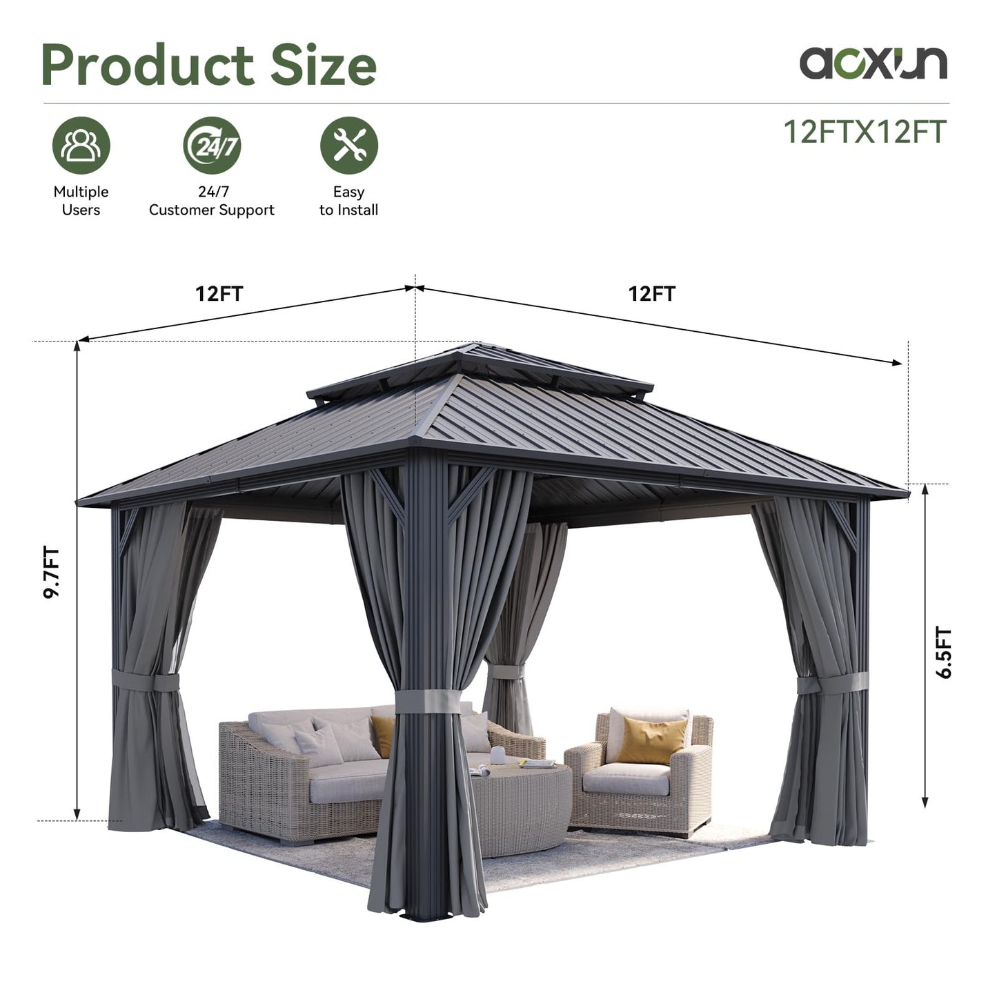 Aoxun 12Ft X 12Ft Hardtop Gazebo, Aluminum Metal Outdoor Gazebo with Breathable Netting and Curtains, Galvanized Steel Double Top, Permanent Patio Pavilion for Backyard, Wedding, Party