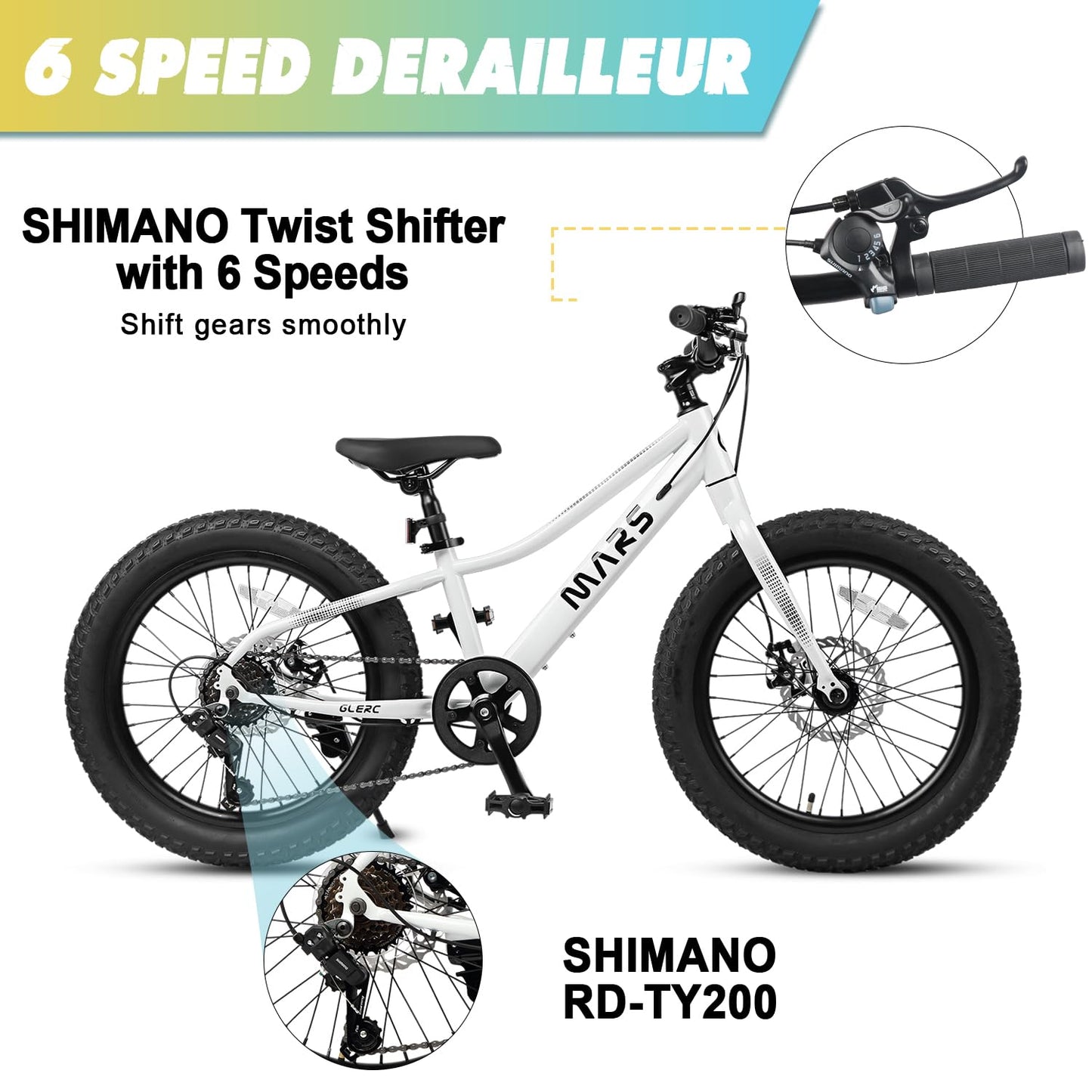 Glerc Mars Kids Mountain Bike, 24 Inch Fat Tire Bike for Teen Ages 8-14 Year Old, Bicycle with 2.8-Inch Wide Tires and 6 Speed Drivetrain, White