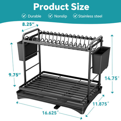 Simple Trending Dish Drying Rack, 2-Tier Dish Rack for Kitchen Counter, Large Dish Drainers Sink Organizers and Storage, Black