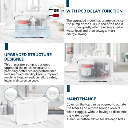 1200W Utility Sink Pump with Blade PCB Function Under Sink Pump Upflush to 39.4FT 2800GPH with 4 Water Inlets 2 Outlets Macerating Toilet System for Sink Shower Washing Machine Kitchen Basement