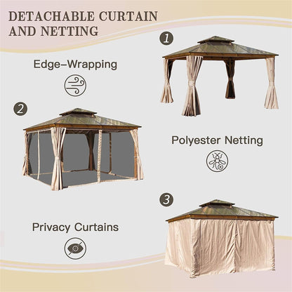 GOWE 12'x12' Hardtop Gazebo, Permanent Outdoor Gazebo with Polycarbonate Double Roof, Aluminum Gazebo Pavilion with Curtain and Net for Garden, Patio, Lawns, Deck, Backyard(Wood-Looking)