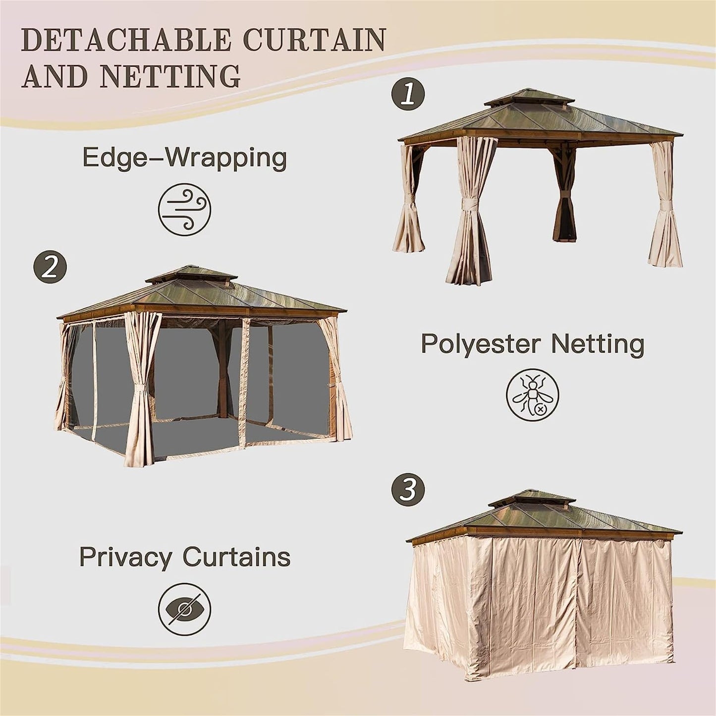 GOWE 12'x12' Hardtop Gazebo, Permanent Outdoor Gazebo with Polycarbonate Double Roof, Aluminum Gazebo Pavilion with Curtain and Net for Garden, Patio, Lawns, Deck, Backyard(Wood-Looking)
