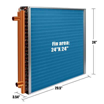 24x24 Heat Exchanger Water to Air, Copper Ports for Outdoor Wood Furnaces, Residential Heating and Cooling, and Forced Air Heating