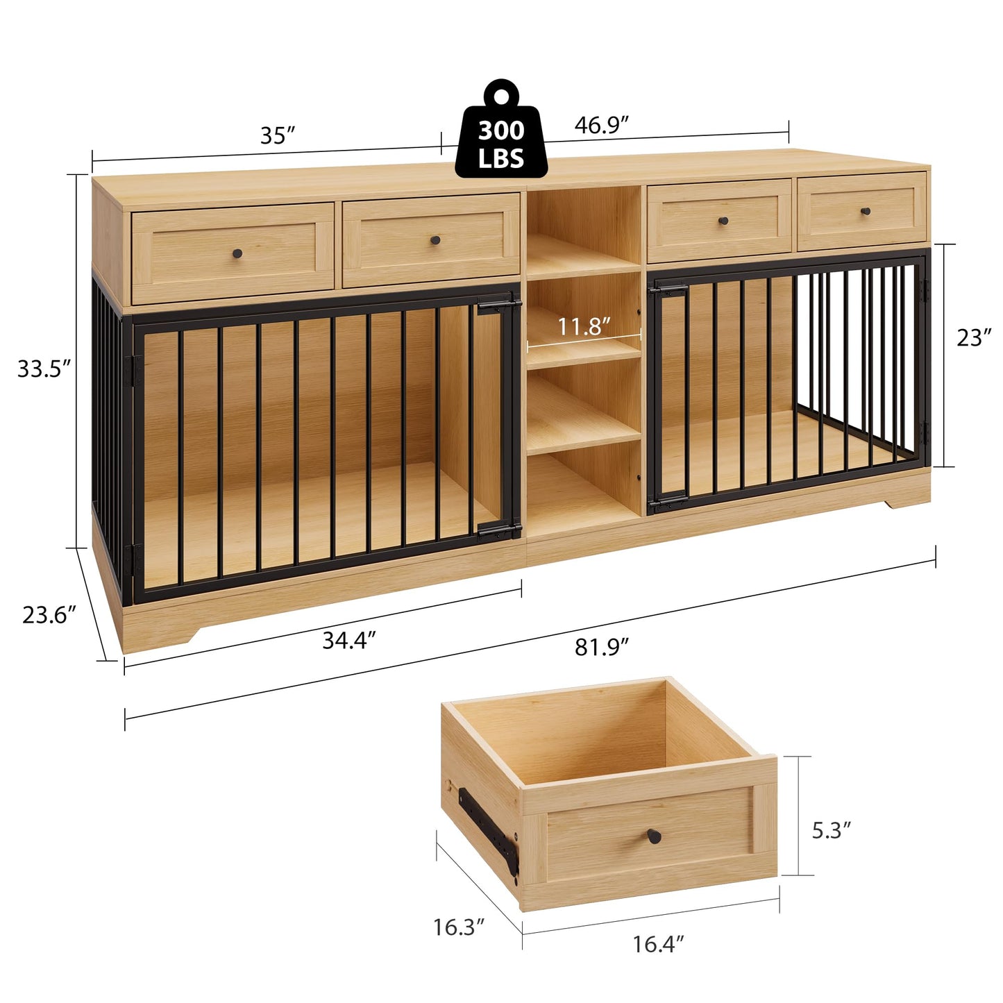 Garvee Double Dog Crate Furniture, 82'' Large Dog Kennel Indoor with 4 Drawers and Shelves, Heavy Duty Wooden Dog Crate TV Stand for 2 Large Medium Dogs, Natural