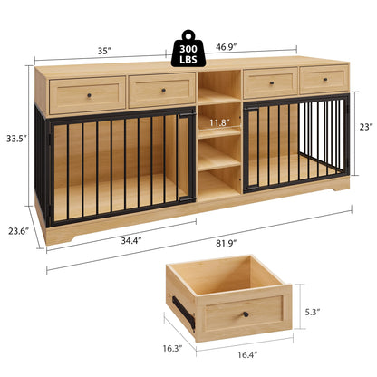 Garvee Double Dog Crate Furniture, 82'' Large Dog Kennel Indoor with 4 Drawers and Shelves, Heavy Duty Wooden Dog Crate TV Stand for 2 Large Medium Dogs, Natural