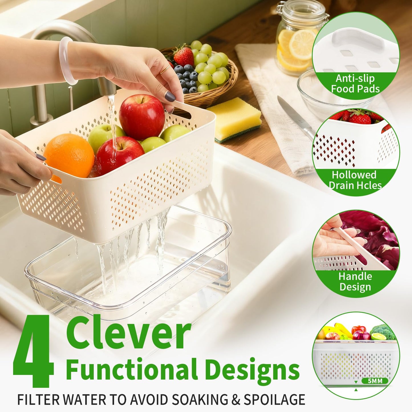 PRAKI 5-Pack Large Fruit Storage Containers for Fridge with Removable Colander, 2 in 1 Produce Storage Containers, BPA-Free Fridge Organizers and Storage Keep Fruits, Vegetables, Berry Fresh Longer