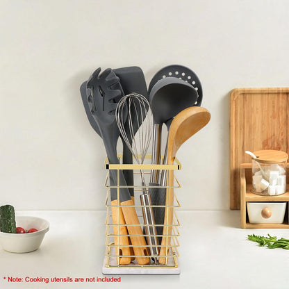 Square Kitchen Utensil Holder - Sturdy Metal Rack for Countertop Storage, Stylish Utensil Caddy with Drainage Hole