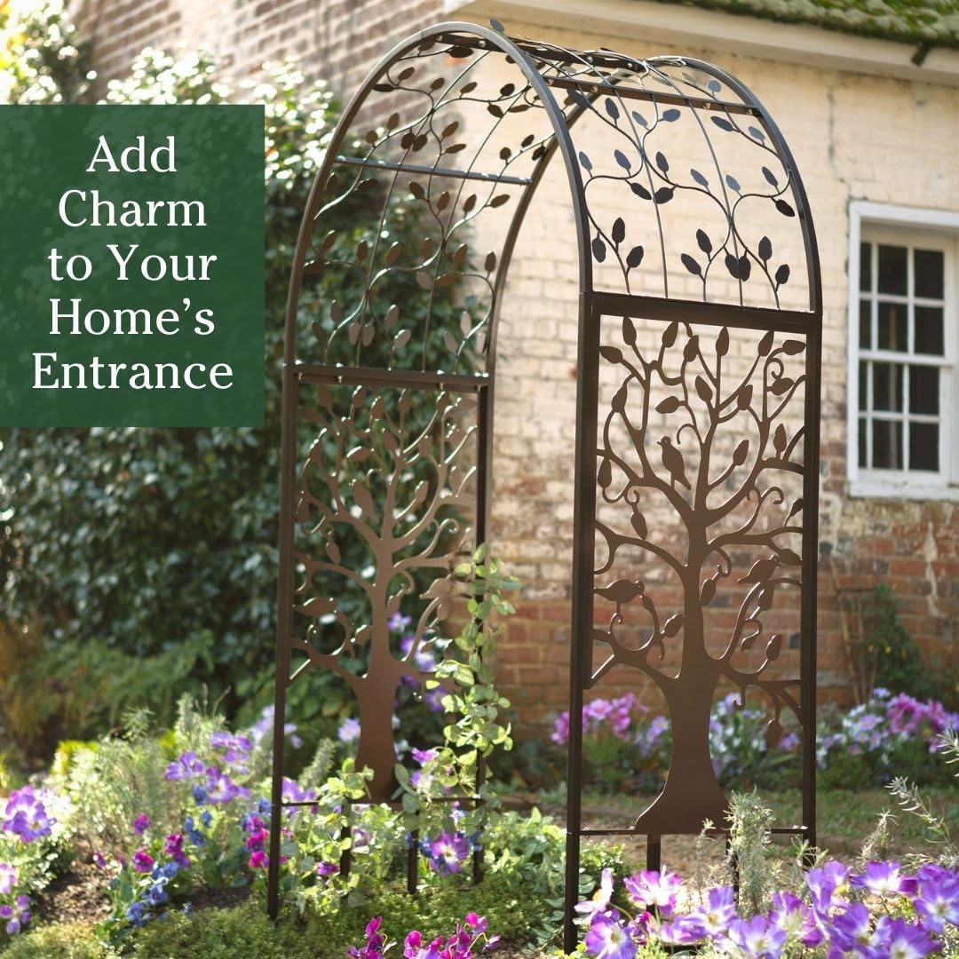 Plow & Hearth Arch Metal Outdoor Garden Arbor | Tree of Life | 83 Inches Tall | Black | Steel Trellis Lattice for Plants & Heavy Vines | Wedding | Outdoor Patio Décor