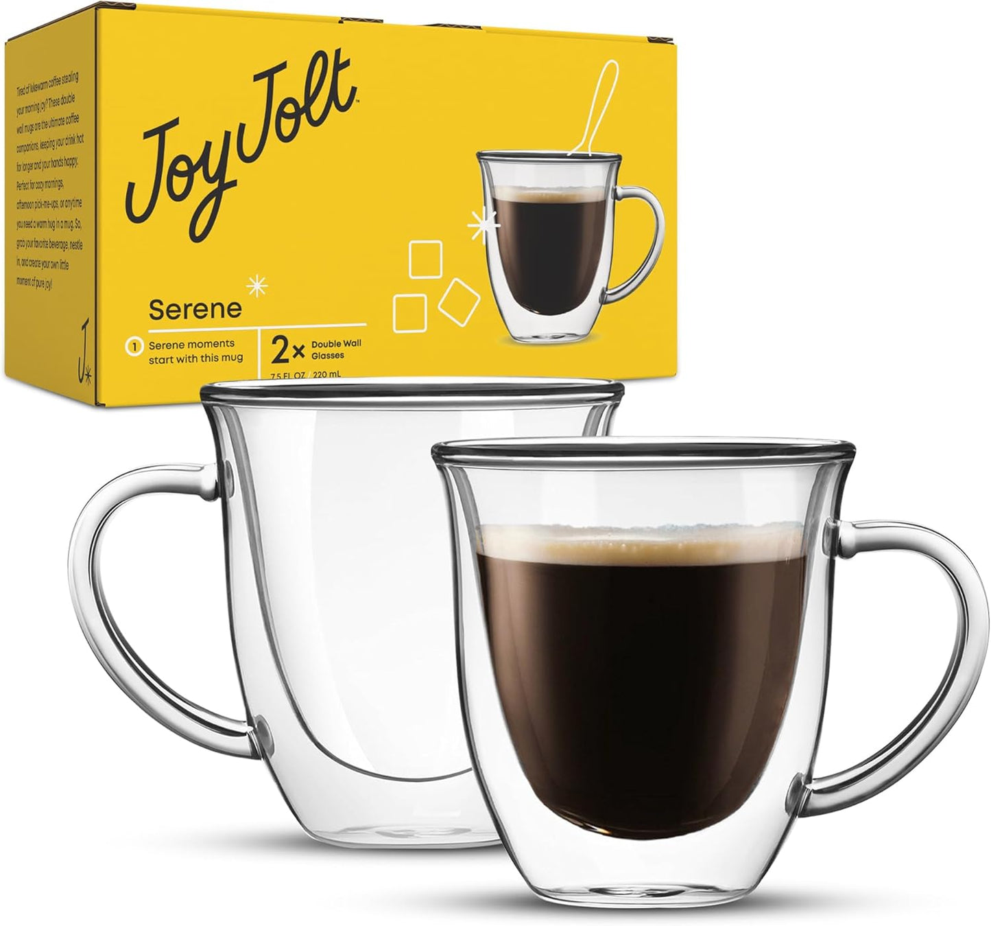 JoyJolt Serene Double Walled Insulated Glasses Coffee Mug Set of 2, 7.4 Ounces