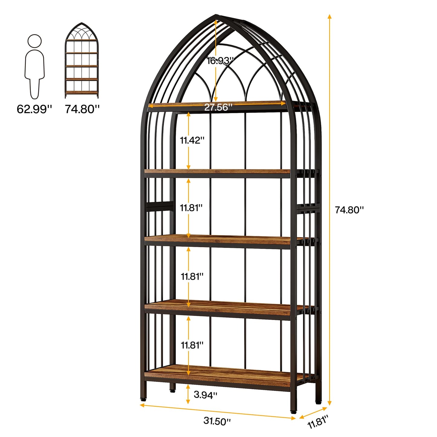 Tribesigns 5-Tier Bookshelf, 74.8-Inch Tall Bookshelf, Industrial Curved Freestanding Display Shelf, Wood Storage Shelves with Metal Frame for Home Office (2, Rustic Brown & Black)