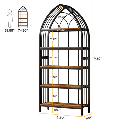 Tribesigns 5-Tier Bookshelf, 74.8-Inch Tall Bookshelf, Industrial Curved Freestanding Display Shelf, Wood Storage Shelves with Metal Frame for Home Office (2, Rustic Brown & Black)