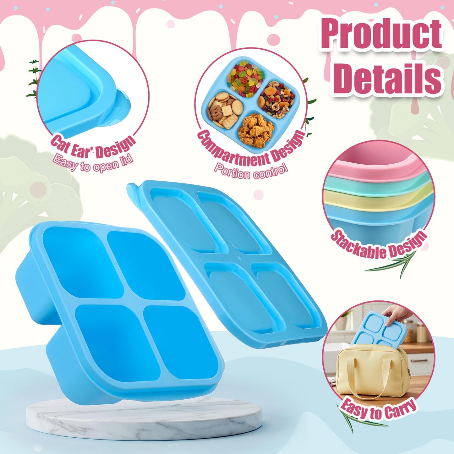 Acellegic 24 Pcs Bento Snack Box Containers Set 4 Compartment Food Storage Container with Lids Reusable Stackable Lunch Box for Family, Work, Travel, Microwave and Dishwasher Safe (4 Color)