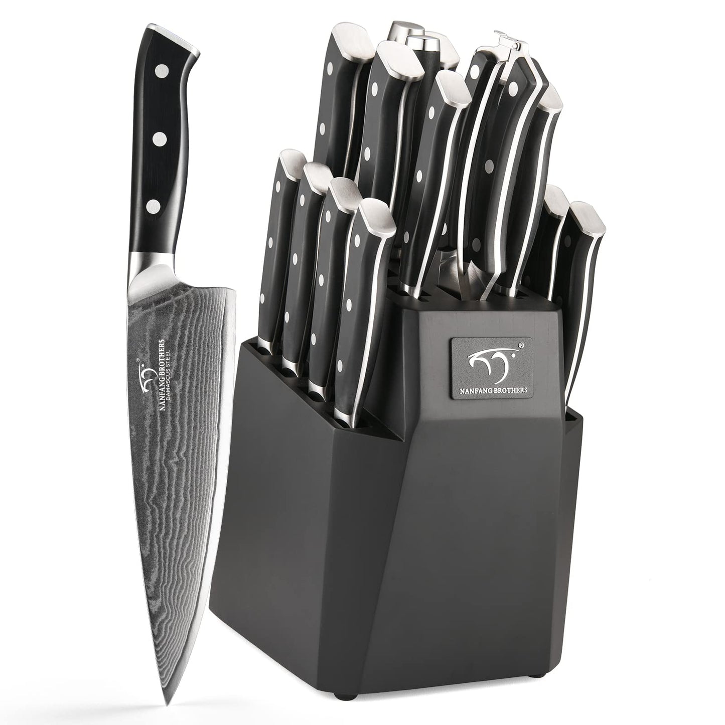 NANFANG BROTHERS 18-Piece Damascus Kitchen Knife Sets, 67-layer Japanese Damascus Steel Heat-Treated and Forged, ABS Ergonomic Handle, Ultra Sharp Chef Knife Block Set with Sharpener