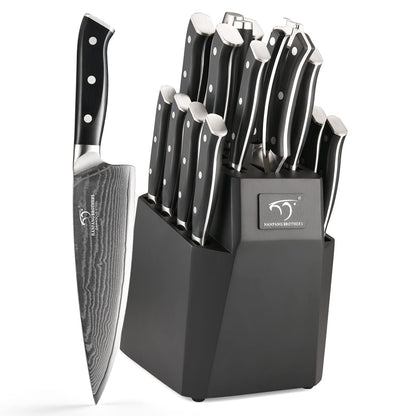 NANFANG BROTHERS 18-Piece Damascus Kitchen Knife Sets, 67-layer Japanese Damascus Steel Heat-Treated and Forged, ABS Ergonomic Handle, Ultra Sharp Chef Knife Block Set with Sharpener