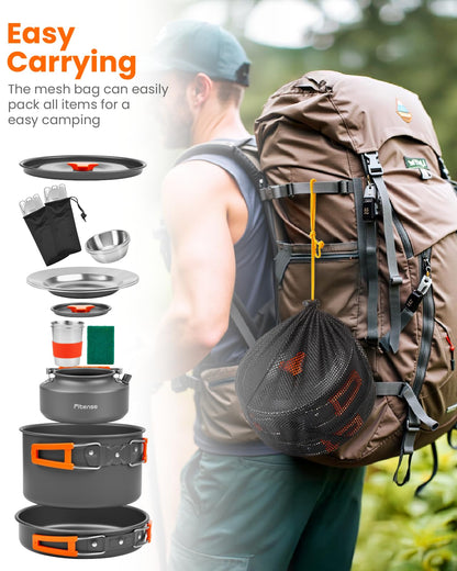 Fitense 21Pcs Camping Cookware Mess Kit for 2, Lightweight Camping Kitchen Pots and Pans Set, Portable Cooking Essentials for Backpacking, Hiking and Picnic