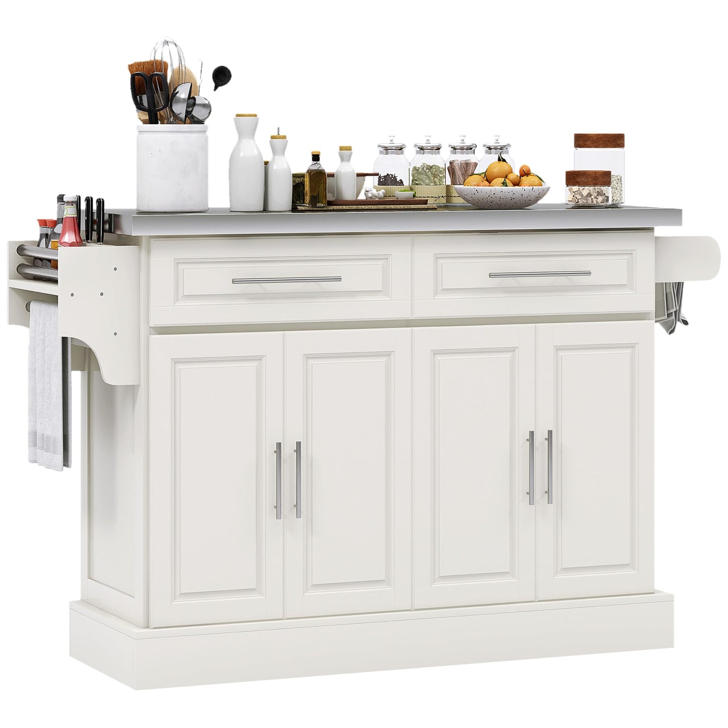 HOMCOM Rolling Kitchen Island Cart with 47" Stainless Steel Top, Portable Island Table for Kitchen with Wheels, Adjustable Shelves, 2 Drawers, Spice, Knife and Towel Rack, Cream White
