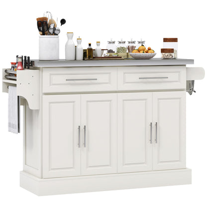 HOMCOM Rolling Kitchen Island Cart with 47" Stainless Steel Top, Portable Island Table for Kitchen with Wheels, Adjustable Shelves, 2 Drawers, Spice, Knife and Towel Rack, Cream White
