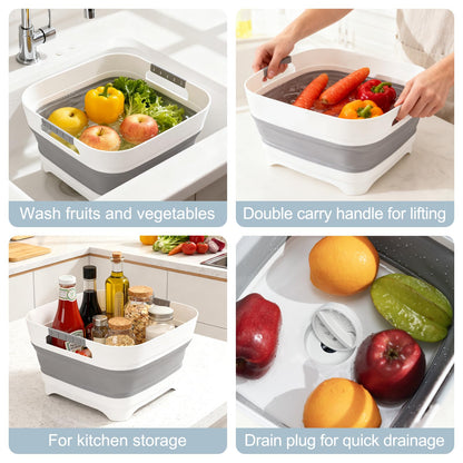 Collapsible Dish Basin with Drain Plug, 2.4 Gal 9L Foldable Wash Basin, Portable Sink Tub for Kitchen, Baby Bottles, Camping, RV, Vegetable Washing and Beverage Tub, Gray